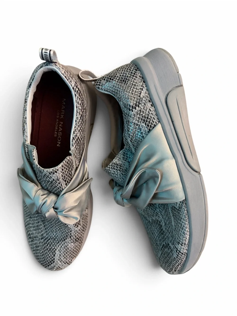 Mark Nason Women's Light Blue Snake-Print Slip-On Sneakers with Satin Knot